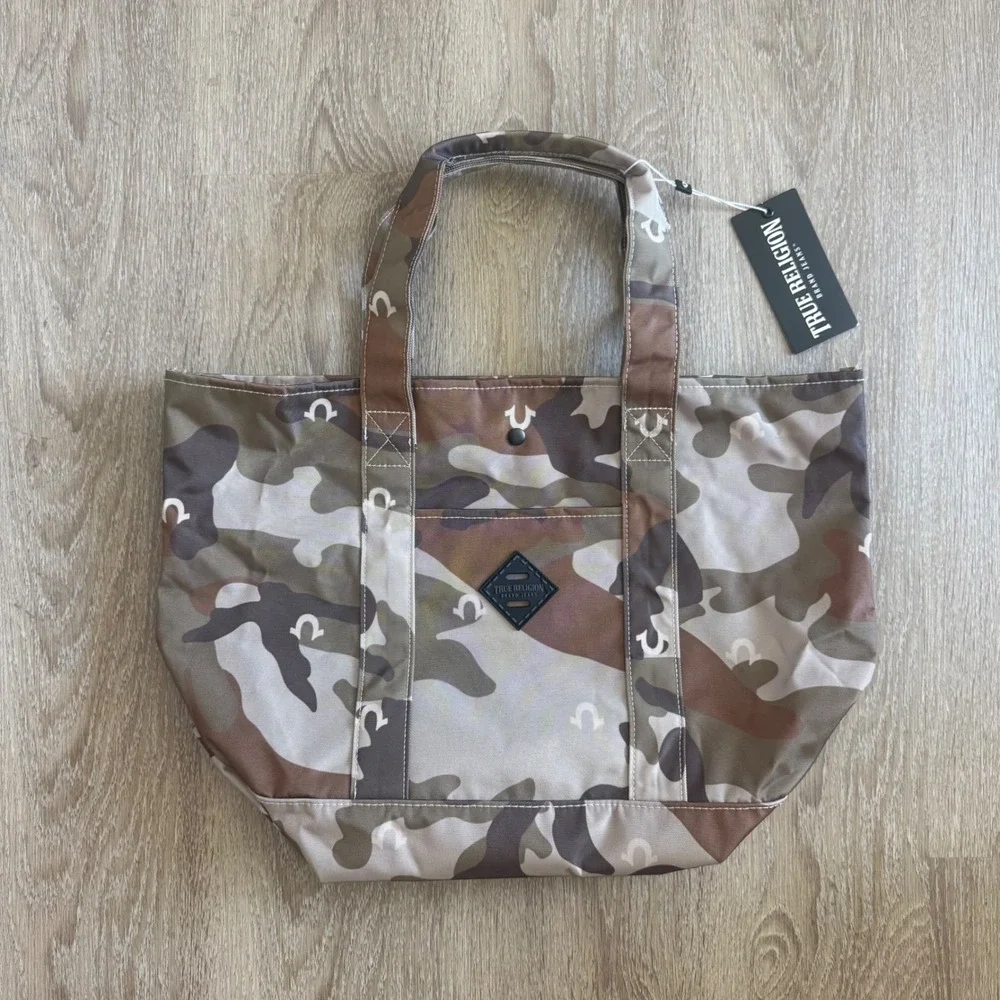 True Religion Dribble Camo Tote Bag Horseshoe Logo Canvas TR106324 New With Tags